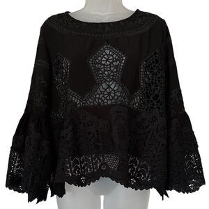 Soft Surroundings Black Boho Chic Baby Doll Bell Wide Sleeve Floral Blouse Shirt